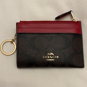 Coach Red and Brown Card Wallet with Gold Key Ring